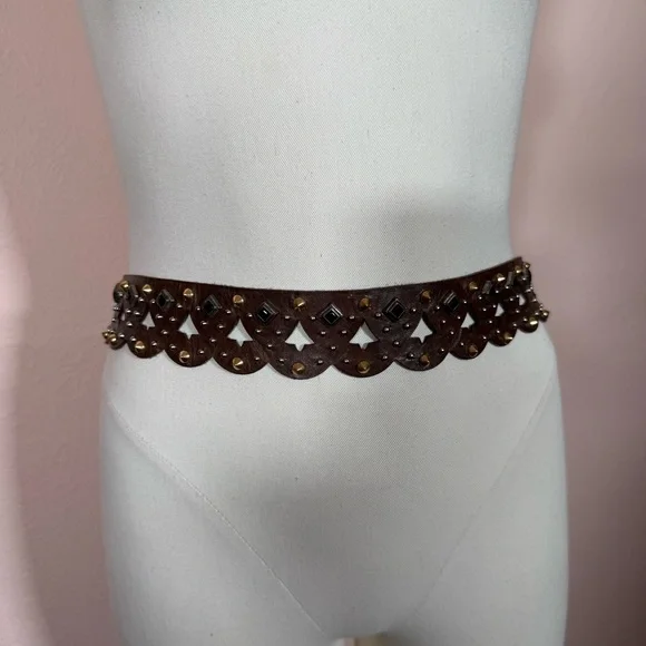 Etro Milano Brown Leather Metal Studded bikercore belt size 31 to 33